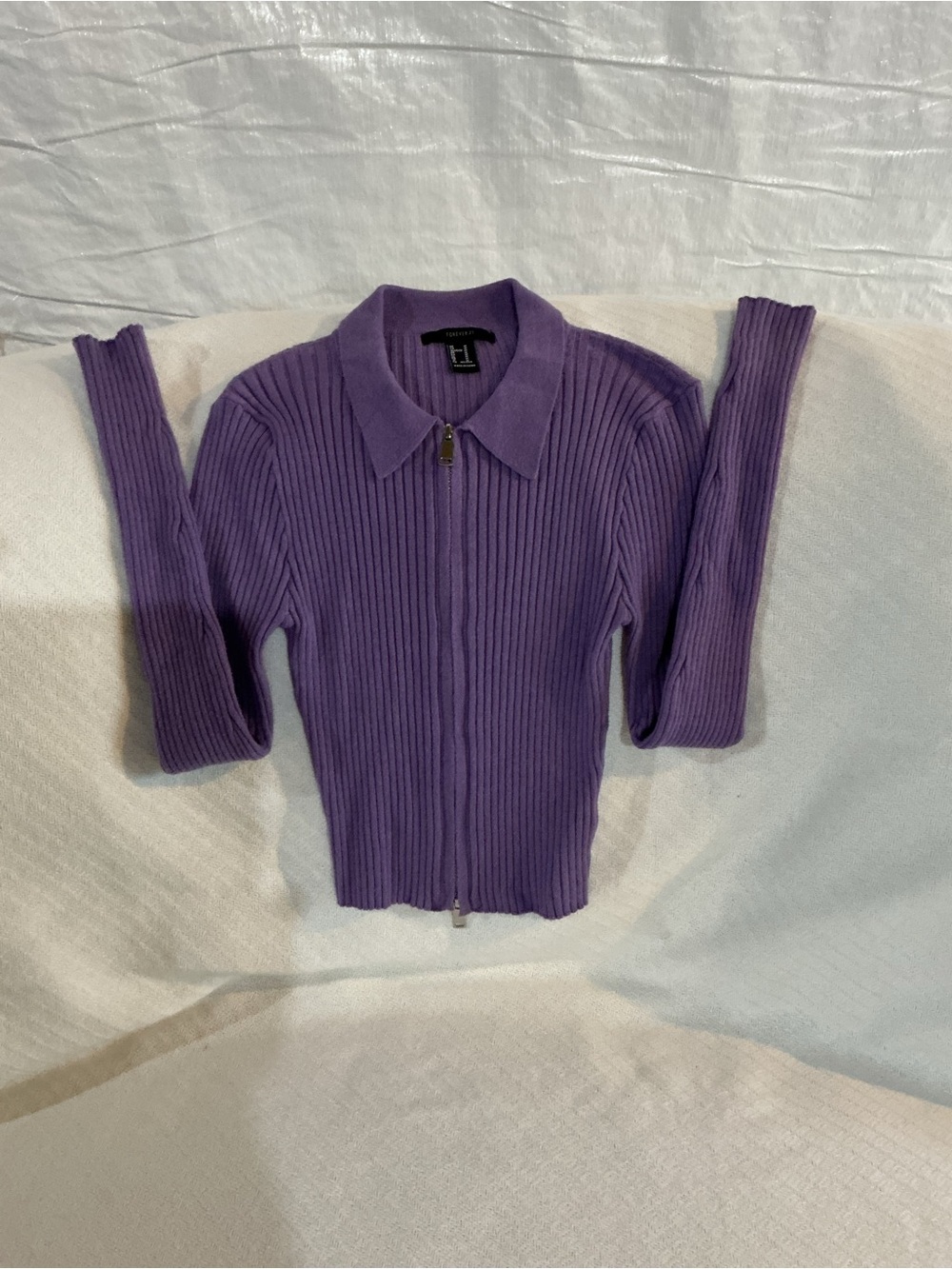 Forever 21 Lavender Ribbed Zip-Up Collared Sweater